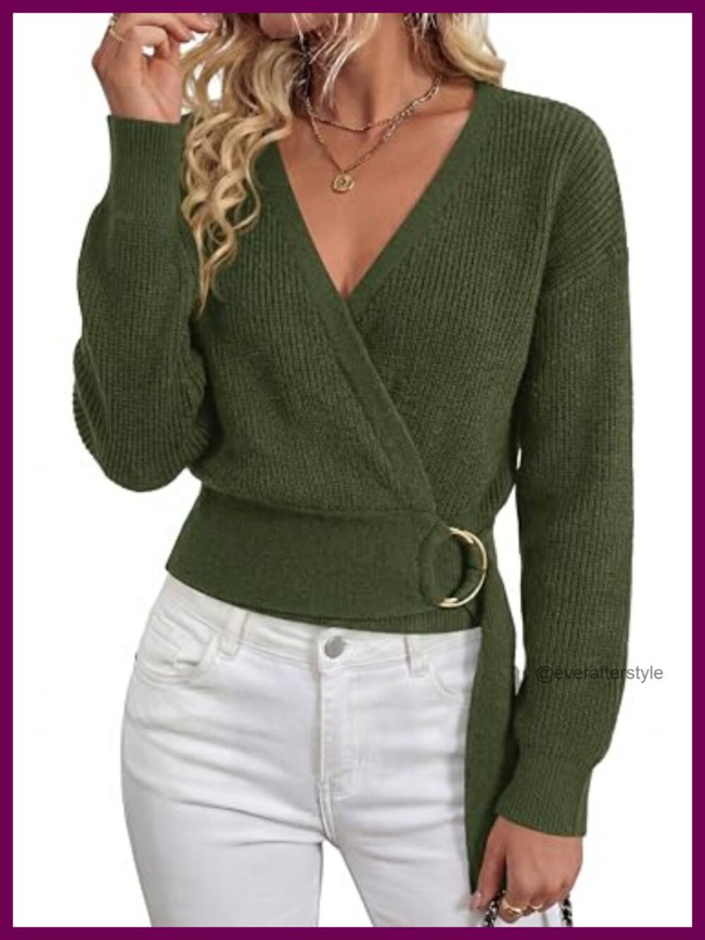 Women's V-Neck Wrap Sweater Long Sleeve Belted Knit Pullover